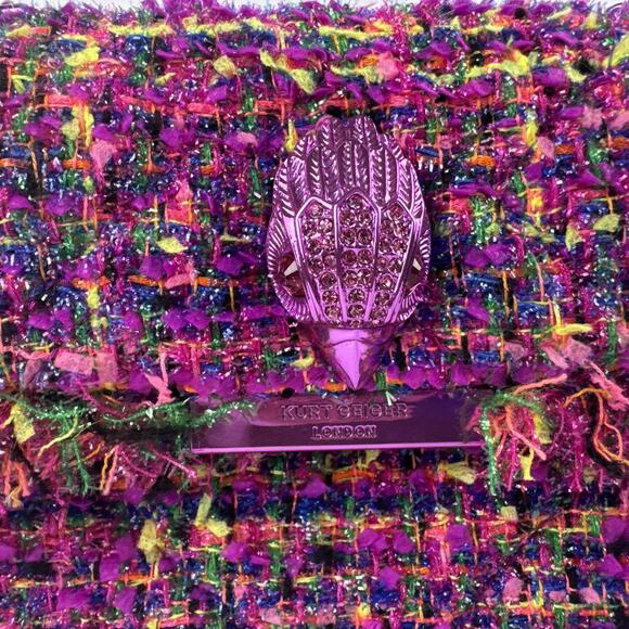 Kurt Geiger London Mini Kensington Bouclé Tweed Bag Purple Eagle Head Chain - Picture 2 of 12